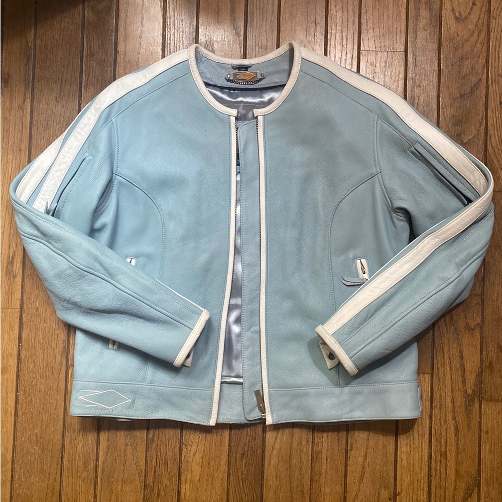 Power Trip Blue Leather Motorcycle Jacket XL